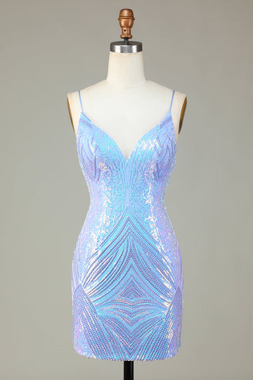 Sparkly Sheath Spaghetti Straps Blue Selents Short Homecoming Dress con espalda